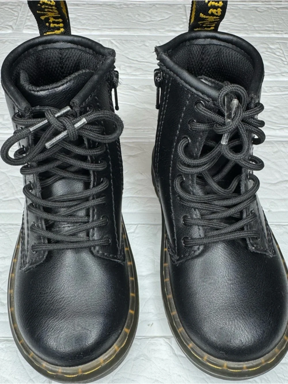 Dr. Martens Toddler US8 Kids Black Leather Lace-Up Boots with Yellow Stitching
